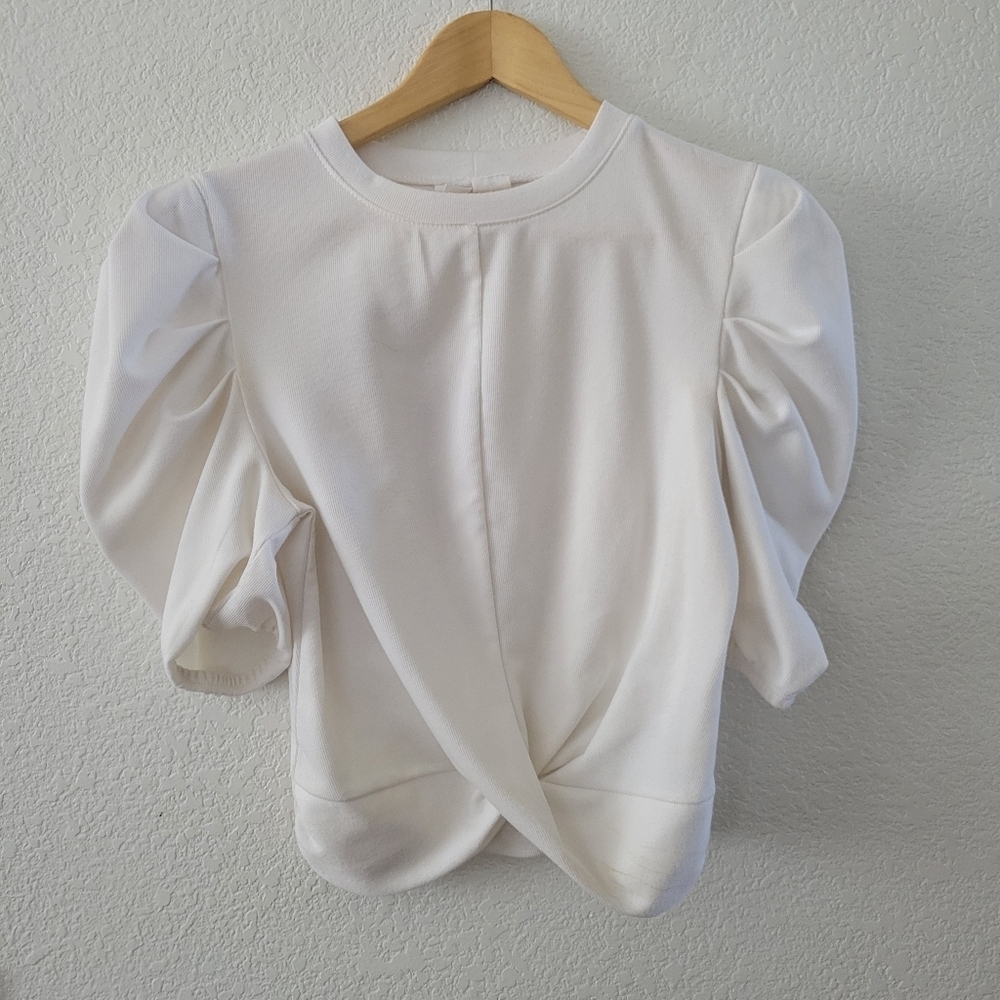 Melrose and Market Twisted Hem Puff Sleeve Crop Top in White Small S